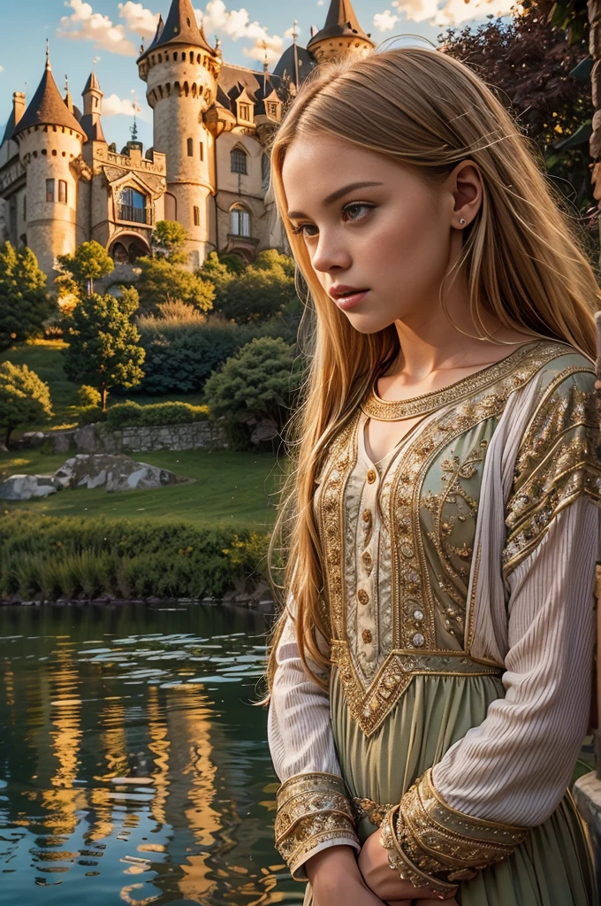 Masterpiece, (kristina Pimenova), a detailed half body shot of two beautiful 14 years old young girls standing in a lush green garden in front of a majestic castle, best friends, high detailed face, very thin face, beautiful face, high detailed eyes, skinny body, light brown hair, blonde hair, ginger hair, the castle's reflection perfectly mirrored in the calm waters of a lake, the girls gazing out at the serene scene, their expressions filled with wonder, extremely detailed faces, beautiful eyes, delicate features, long flowing hair, ornate dresses, intricate castle architecture, glowing sunset lighting, vibrant colors, photorealistic, (best quality,8k,highres,masterpiece:1.2),ultra-detailed,(realistic,photorealistic,photo-realistic:1.37), 2girls, castle, lake, reflection, garden, sunset, ornate, beautiful, detailed, serene, wonder, vibrant, 8K, ultra high res.photorealistic, UHD, RAW, DSLR, natural light