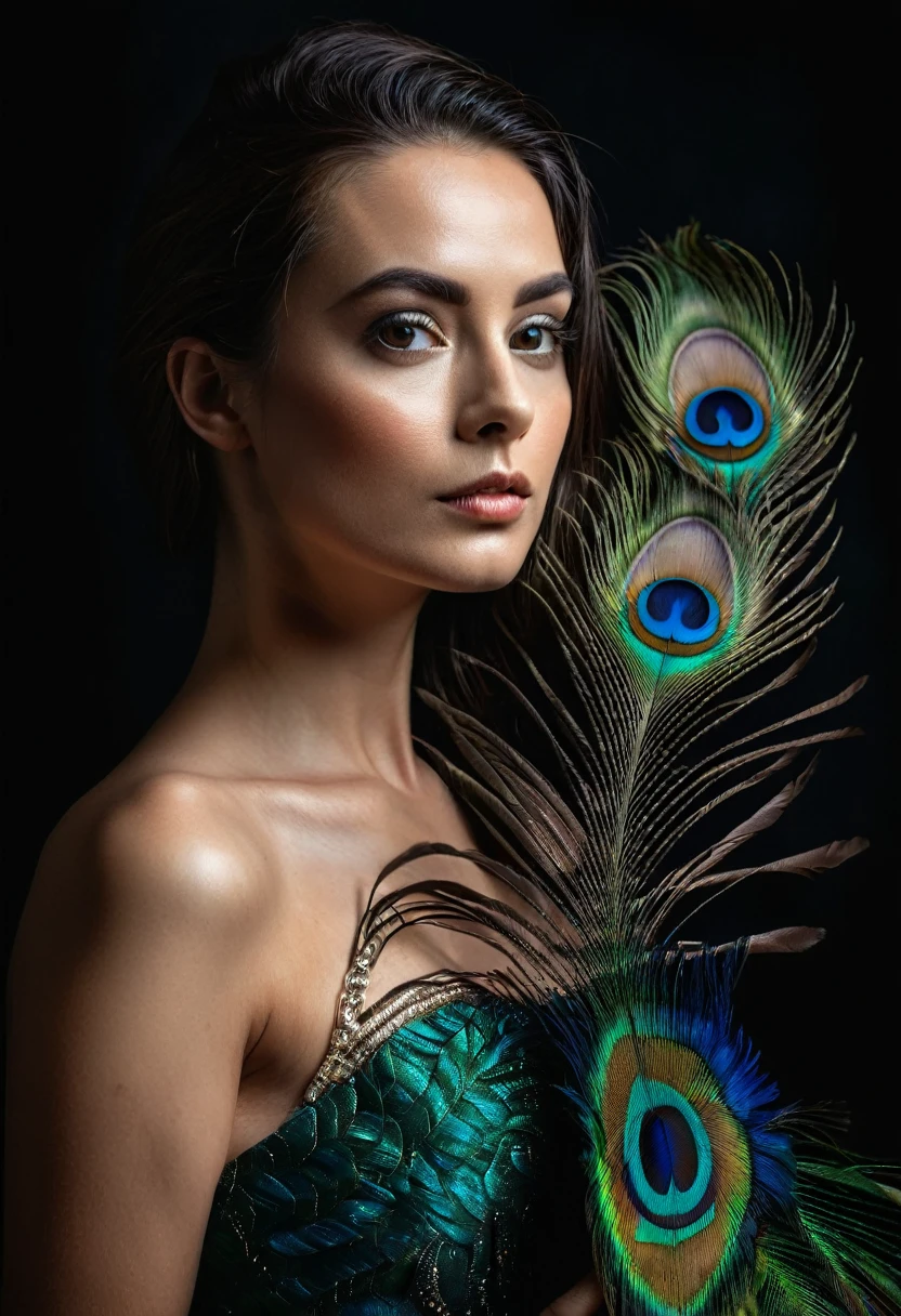 ultra clear raw photo of woman with a peacock feather, close up, dark background