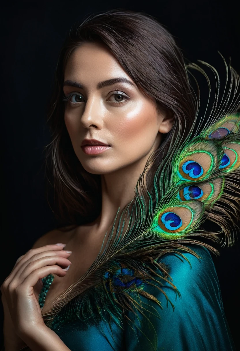 ultra clear raw photo of woman with a peacock feather, close up, dark background
