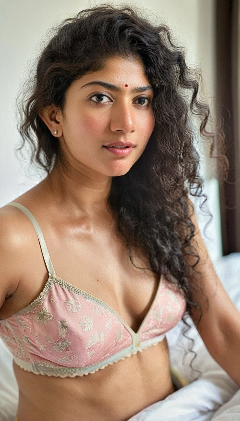 ultrarealistic hires body close up photo of a 30-year-old sai pallavi woman, bedroom, realistic skin texture, looking looking at camera, free curly hair, in bed, in lingerie, realistic skin, in bed, cleavage and midriff, taking selfie,  true camera pic