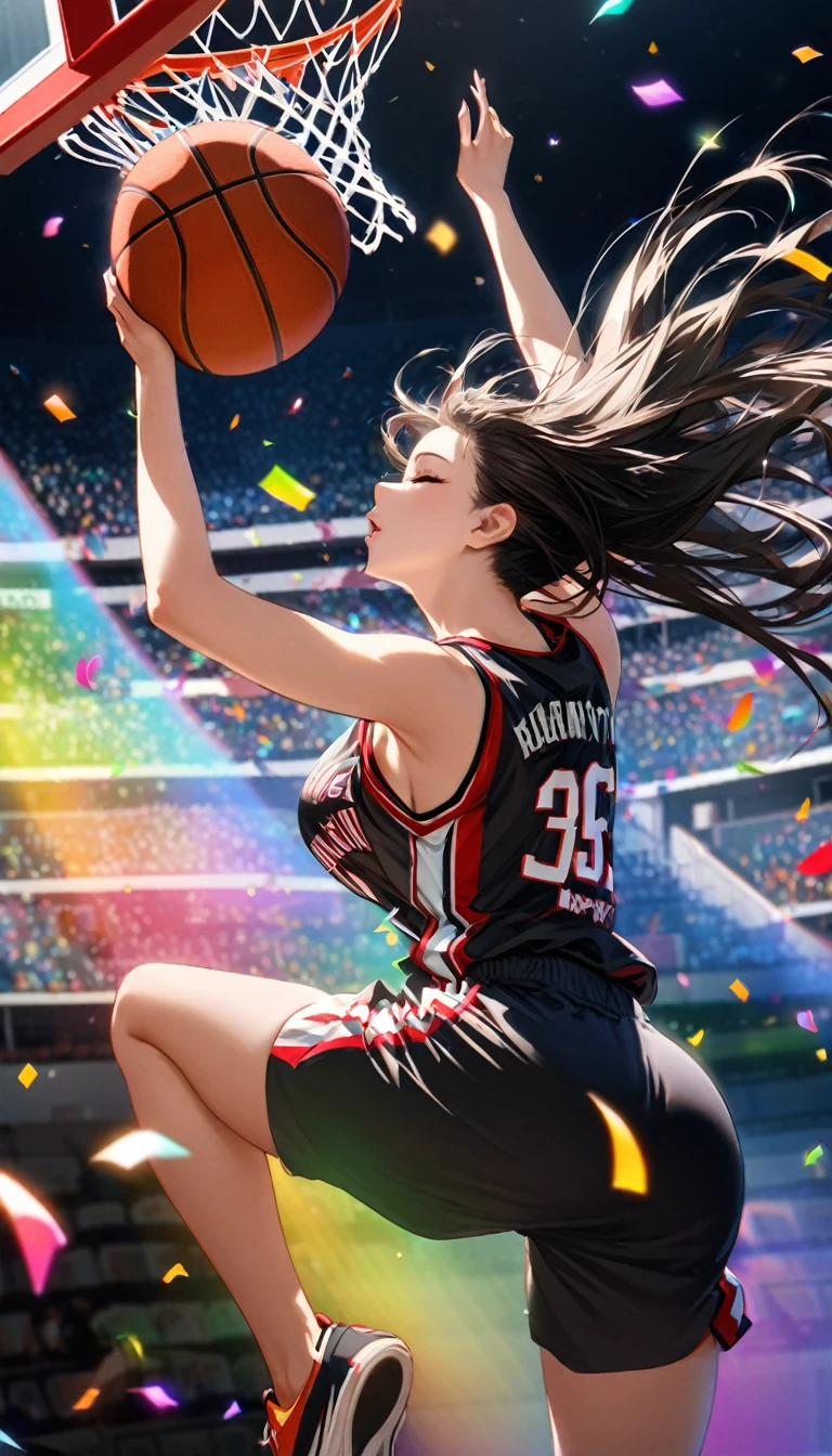 Highest quality, Highest quality, 16K, Unbelievably absurd, Very detailed, delicate and dynamic, Natural light, The particles reflect light, Diffuse reflection of light, Vortex of Light, Lots of rainbow-colored confetti falling, Basketball court, night, illumination, Create amazing image effects, Upper body close-up, (sole sexy girl, Firm bust, , powerful, A game-winning dunk by a professional basketball player, Hollow, Floating in the air, A powerful dunk, Basketball Uniforms,)
