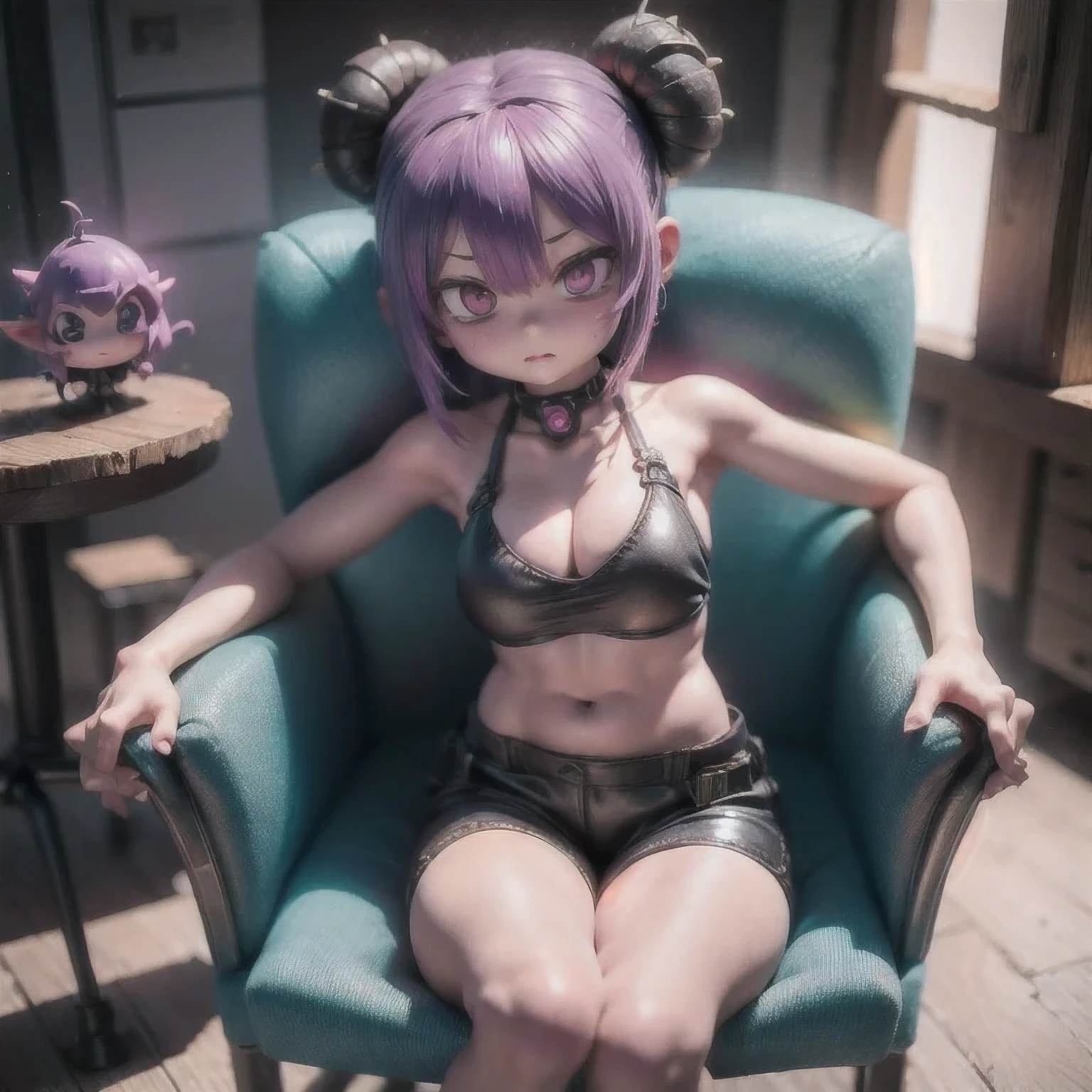 arafed girl with purple hair sitting on a black chair, realistic anime 3 d style, 3 d anime realistic, realistic artstyle, hyper realistic anime, anime style. 8k, photorealistic anime girl render, anime styled 3d, realistic anime artstyle, hyper-realistic cyberpunk style, anime realism style, Dreamy Cyberpunk Girl，(Seventh Hell:1.8) (Ecological library:1), ((Raw, Analog style)), light, Atmospheric Lights, Divine Light, Extremely detailed, bloom, Theatrical atmosphere, Center, rule oF thirds, F/1.4, 6 mm, High Angle Shot,