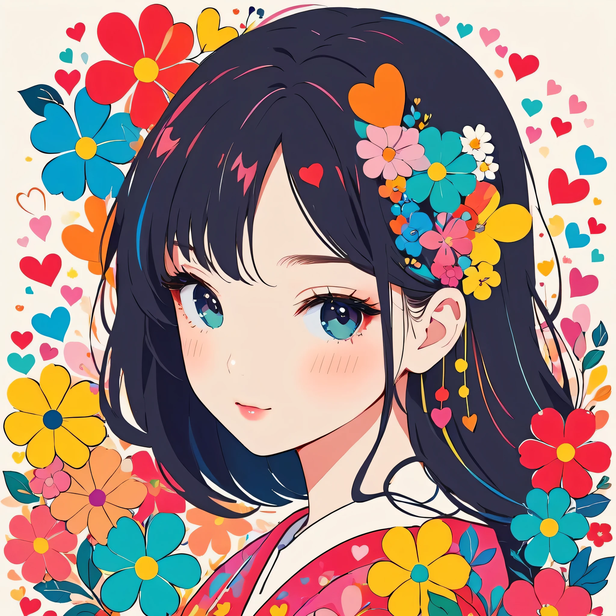 TMika Pikazo style, Simple Line Initialism，Abstract art，Kawaii Design, The most beautiful girl of all time, colorful hearts, colorful flowers,