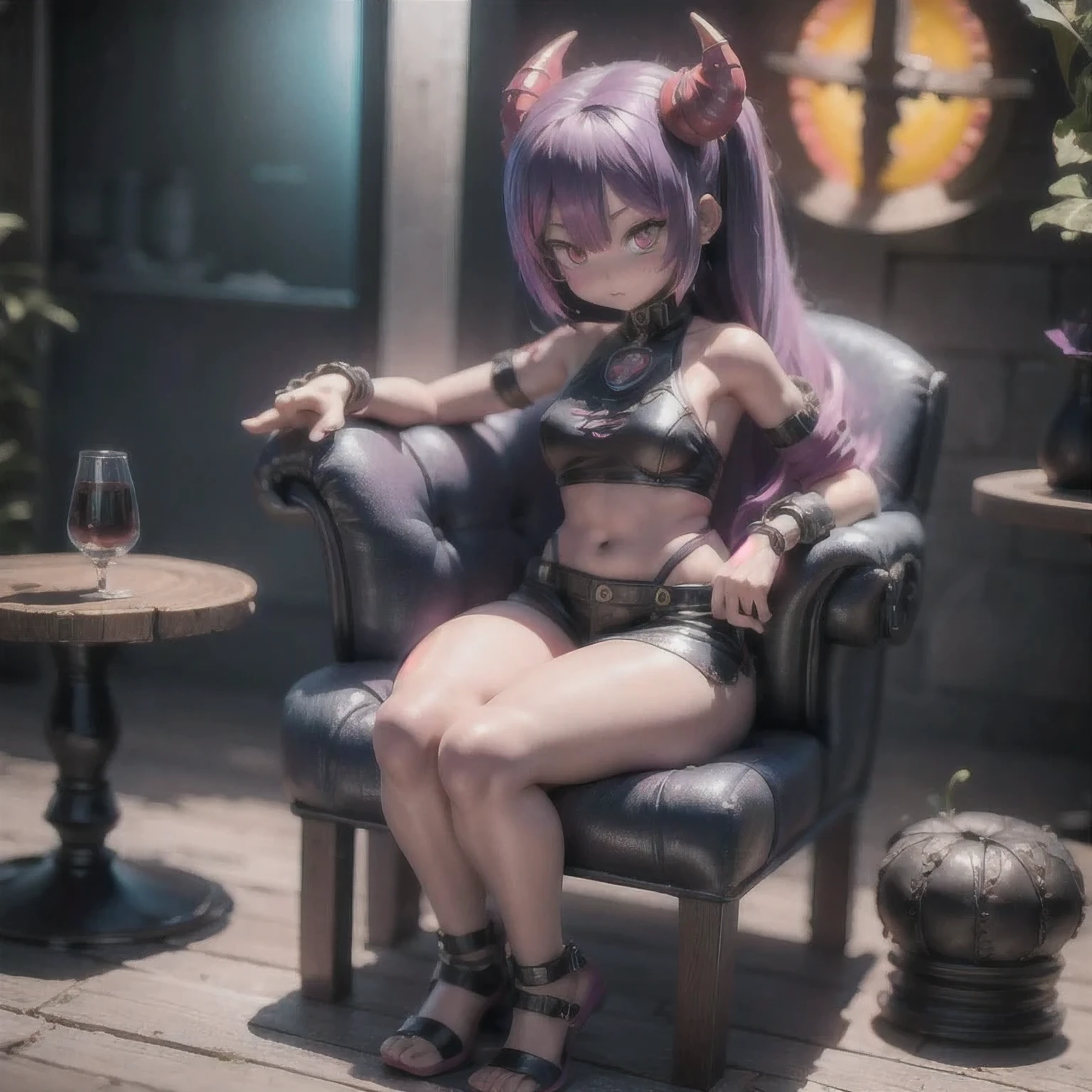 arafed girl with purple hair sitting on a black chair, realistic anime 3 d style, 3 d anime realistic, realistic artstyle, hyper realistic anime, anime style. 8k, photorealistic anime girl render, anime styled 3d, realistic anime artstyle, hyper-realistic cyberpunk style, anime realism style, Dreamy Cyberpunk Girl，(Seventh Hell:1.8) (Ecological library:1), ((Raw, Analog style)), light, Atmospheric Lights, Divine Light, Extremely detailed, bloom, Theatrical atmosphere, Center, rule oF thirds, F/1.4, 6 mm, High Angle Shot,