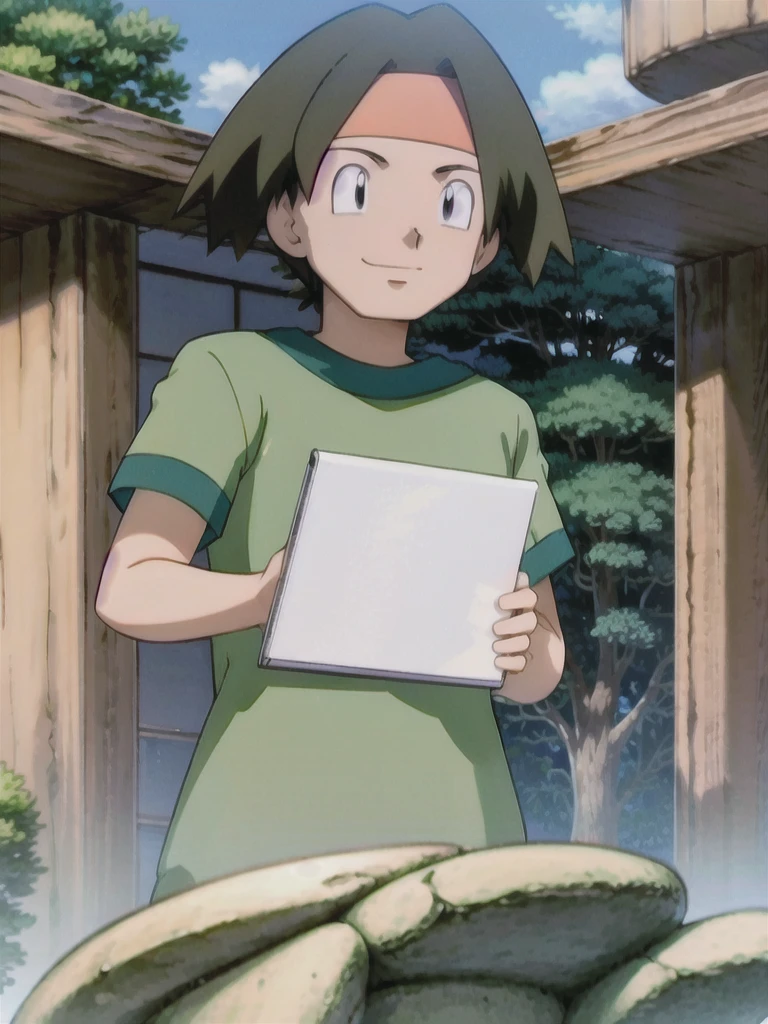 Tracey, solo, smile, shirt, 1boy, closed mouth, upper body, male focus, outdoors, sky, cloud, black eyes, green shirt, anime coloring pokemovies, sugimori ken, ken sugimori ken \(style\), masterpiece, 8k, best quality, happy, smile, anime screencap, zoom out, landscape, sea, daytime, sunlight, concept art, anime background,