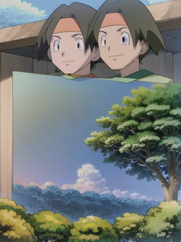 Tracey, solo, smile, shirt, 1boy, closed mouth, upper body, male focus, outdoors, sky, cloud, black eyes, green shirt, anime coloring pokemovies, sugimori ken, ken sugimori ken \(style\), masterpiece, 8k, best quality, happy, smile, anime screencap, zoom out, landscape, sea, daytime, sunlight, concept art, anime background,