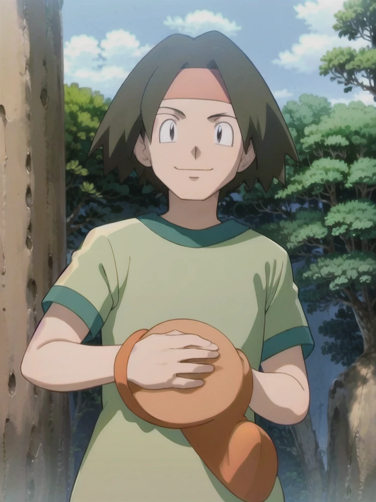 Tracey, solo, smile, shirt, 1boy, closed mouth, upper body, male focus, outdoors, sky, cloud, black eyes, green shirt, anime coloring pokemovies, sugimori ken, ken sugimori ken \(style\), masterpiece, 8k, best quality, happy, smile, anime screencap, zoom out, landscape, sea, daytime, sunlight, concept art, anime background,