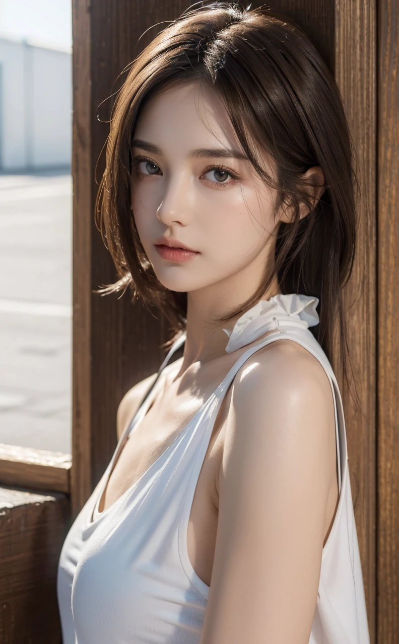 ((best quality, 8K, masterpiece :1.3)), whole body, sharp focus: 1.2, perfect body beautiful: 1.4, slim abs: 1.2, ((dark brown hair, : 1.2)), Tank Top Dress: 1.1, (street: 1.1), Highly detailed facial and skin textures, delicate eyes, double eyelids，fluorescent light