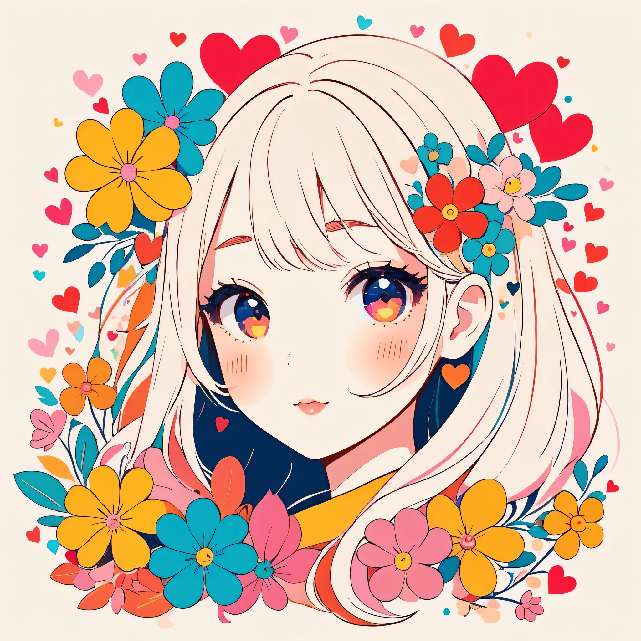 TMika Pikazo style, Simple Line Initialism,Abstract art,Kawaii Design, The most beautiful girl of all time, colorful hearts, colorful flowers,
