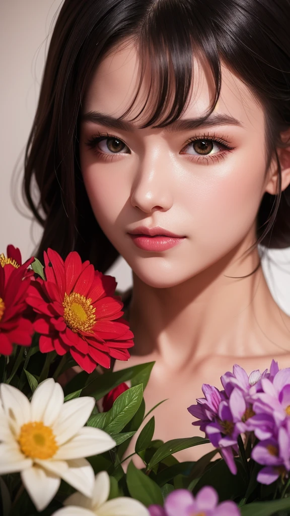 ladies and bouquet,Portrait close-up,She looked at me with very beautiful and kind eyes.Detailed Schneider pastel inks, Soft and wonderful, Fluffy, (Extremely Delicately Beautiful), (perfect detail)、(pastel colour),Soft texture:1.2.(On a table, Best quality at best), (Eyes are delicate and beautiful), (dark bright eyes),(detailed eyes and detailed face),(black silk hair), (Black hair like a spring),The color is also significantly brighter.Pale blurry silhouette,Surrounded by many flowers