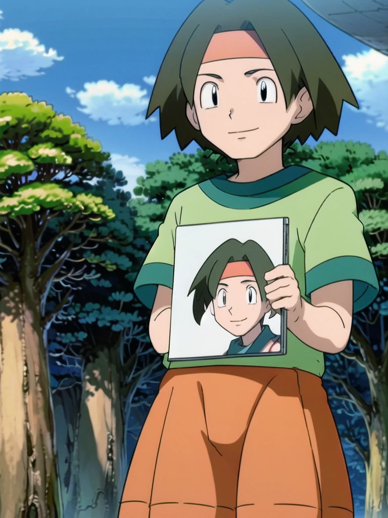 Tracey, solo, smile, shirt, 1boy, closed mouth, upper body, male focus, outdoors, sky, cloud, black eyes, green shirt, anime coloring pokemovies, sugimori ken, ken sugimori ken \(style\), masterpiece, 8k, best quality, happy, smile, anime screencap, zoom out, landscape, sea, daytime, sunlight, concept art, anime background,
