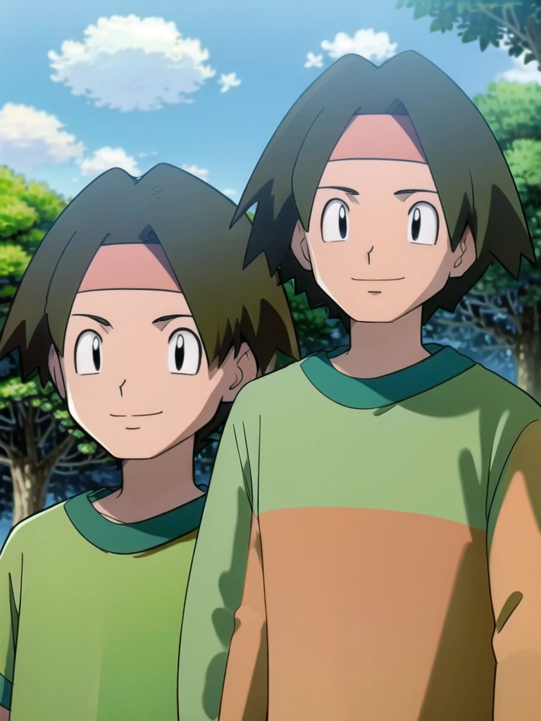 Tracey, solo, smile, shirt, 1boy, closed mouth, upper body, male focus, outdoors, sky, cloud, black eyes, green shirt, anime coloring pokemovies, sugimori ken, ken sugimori ken \(style\), masterpiece, 8k, best quality, happy, smile, anime screencap, zoom out, landscape, sea, daytime, sunlight, concept art, anime background,