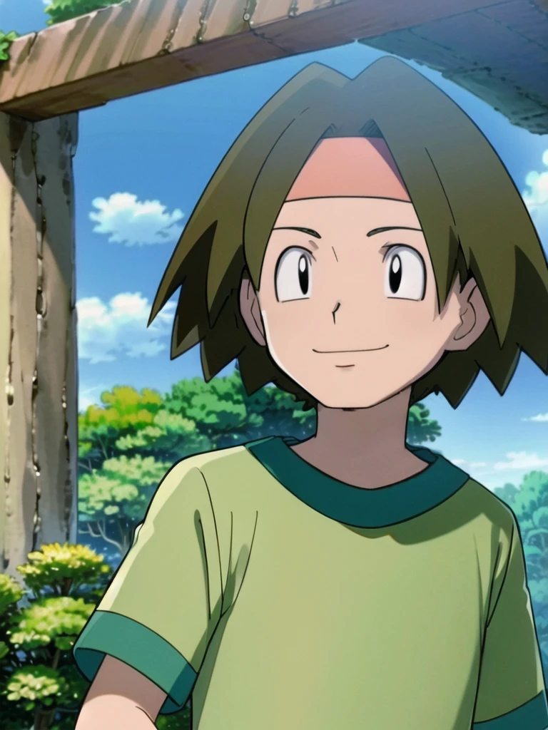 Tracey, solo, smile, shirt, 1boy, closed mouth, upper body, male focus, outdoors, sky, cloud, black eyes, green shirt, anime coloring pokemovies, sugimori ken, ken sugimori ken \(style\), masterpiece, 8k, best quality, happy, smile, anime screencap, zoom out, landscape, sea, daytime, sunlight, concept art, anime background,