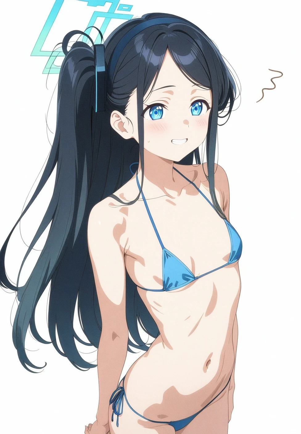 best quality, amazing quality, very aesthetic, absurdres, (1girl, aris (blue archive), blue archive, blue eyes, black hair, small breasts), (realistic face:0.9),(string bikini:1.8), (grin, blush, thigh:1.3), (cowboy shot), (glowing eyes), (half closed eyes:0.9), (saliva trail), (official art:1.3), (pool), expressive eyes, perfect face, 4k, extremely detailed anime illustration, extremely detailed eyes, perfect anatomy, light rays, extremely delicate body, smooth skin, (simple background:1.5), clear eyes, beautiful face, small breasts,(anime style:1.7), (Warm Light:1.5), (highres:2),