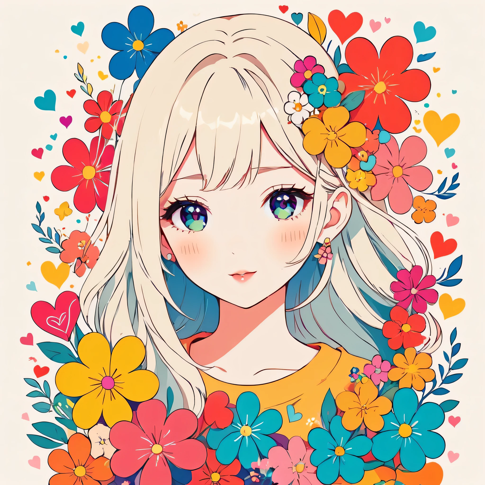 TMika Pikazo style, Simple Line Initialism，Abstract art，Kawaii Design, The most beautiful girl of all time, colorful hearts, colorful flowers,