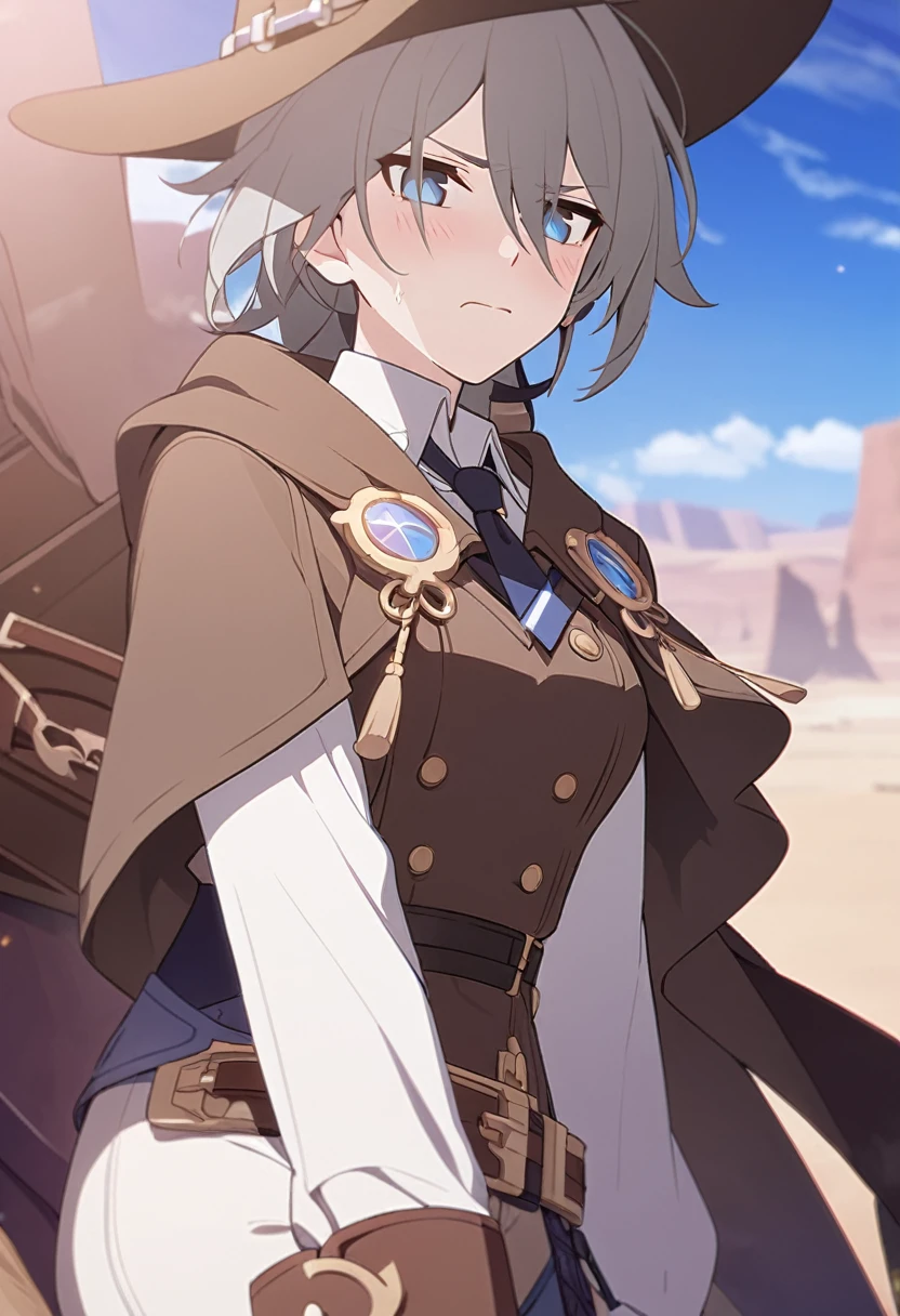 masterpiece,best quality,depth of field,8k,looking at the viewer,Dark and light gray hair,blue eyes,light brown chaps,dark brown poncho,갈색 Ten gallon hat,brown leather jumper,chic,wseifuku,male,sky,frowning,looking around,badlands,male,(charismatic eyes 1:1),(honkai:_Star_rail\),blush,detached collar,male
