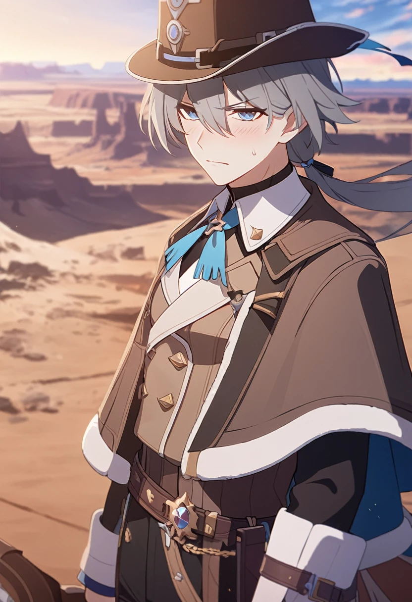 masterpiece,best quality,depth of field,8k,looking at the viewer,Dark and light gray hair,blue eyes,light brown chaps,dark brown poncho,갈색 Ten gallon hat,brown leather jumper,chic,wseifuku,male,sky,frowning,looking around,badlands,male,(charismatic eyes 1:1),(honkai:_Star_rail\),blush,detached collar,male