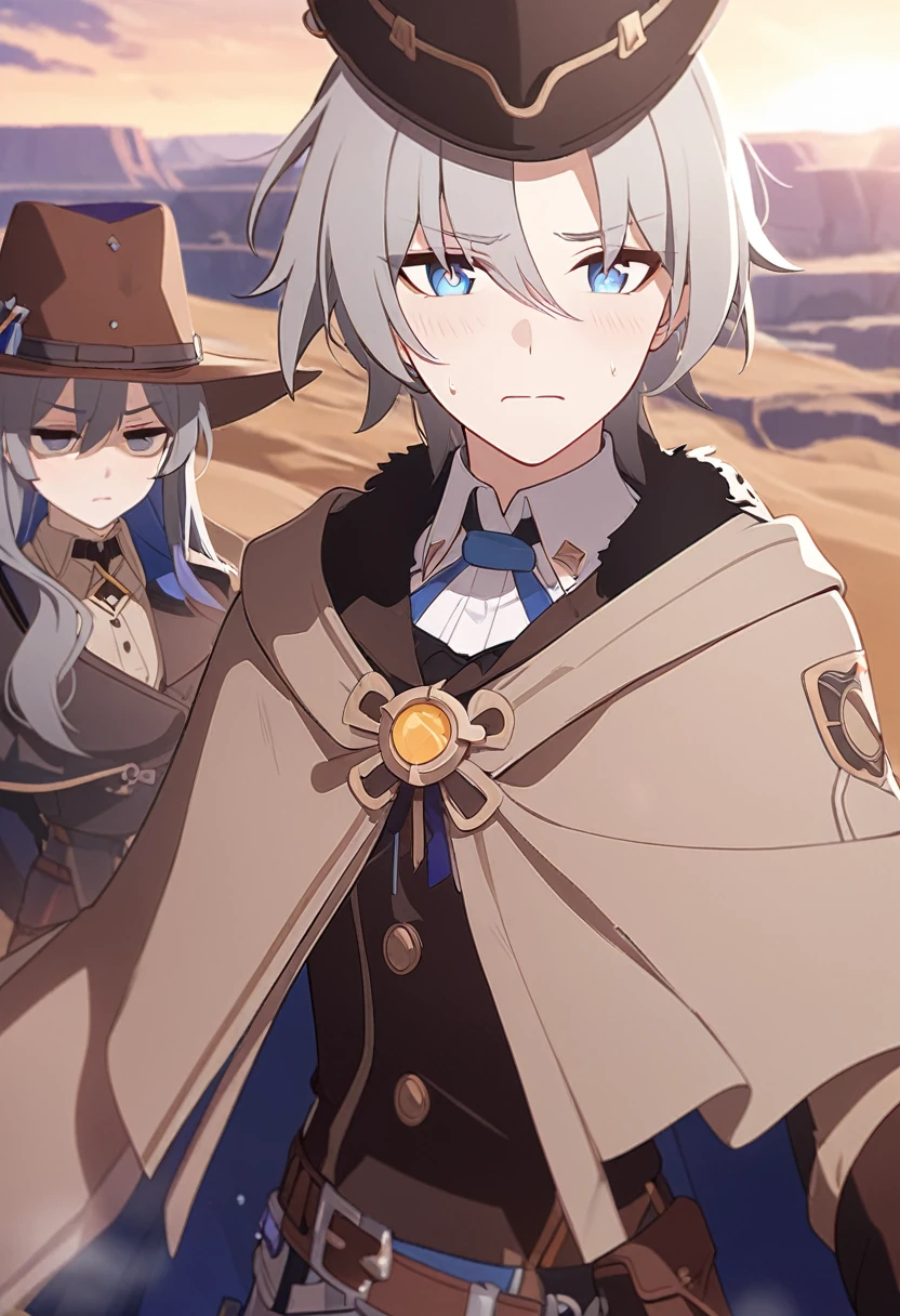 masterpiece,best quality,depth of field,8k,looking at the viewer,Dark and light gray hair,blue eyes,light brown chaps,dark brown poncho,갈색 Ten gallon hat,brown leather jumper,chic,wseifuku,male,sky,frowning,looking around,badlands,male,(charismatic eyes 1:1),(honkai:_Star_rail\),blush,detached collar,male