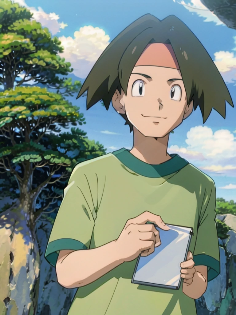 Tracey, solo, smile, shirt, 1boy, closed mouth, upper body, male focus, outdoors, sky, cloud, black eyes, green shirt, anime coloring pokemovies, sugimori ken, ken sugimori ken \(style\), masterpiece, 8k, best quality, happy, smile, anime screencap, zoom out, landscape, sea, daytime, sunlight, concept art, anime background,