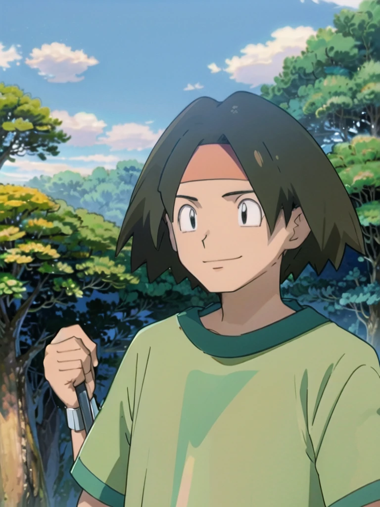Tracey, solo, smile, shirt, 1boy, closed mouth, upper body, male focus, outdoors, sky, cloud, black eyes, green shirt, anime coloring pokemovies, sugimori ken, ken sugimori ken \(style\), masterpiece, 8k, best quality, happy, smile, anime screencap, zoom out, landscape, sea, daytime, sunlight, concept art, anime background,