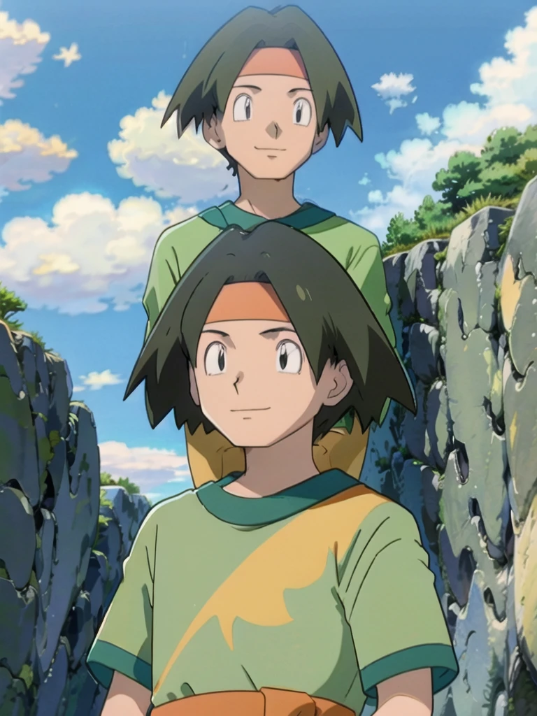Tracey, solo, smile, shirt, 1boy, closed mouth, upper body, male focus, outdoors, sky, cloud, black eyes, green shirt, anime coloring pokemovies, sugimori ken, ken sugimori ken \(style\), masterpiece, 8k, best quality, happy, smile, anime screencap, zoom out, landscape, sea, daytime, sunlight, concept art, anime background,
