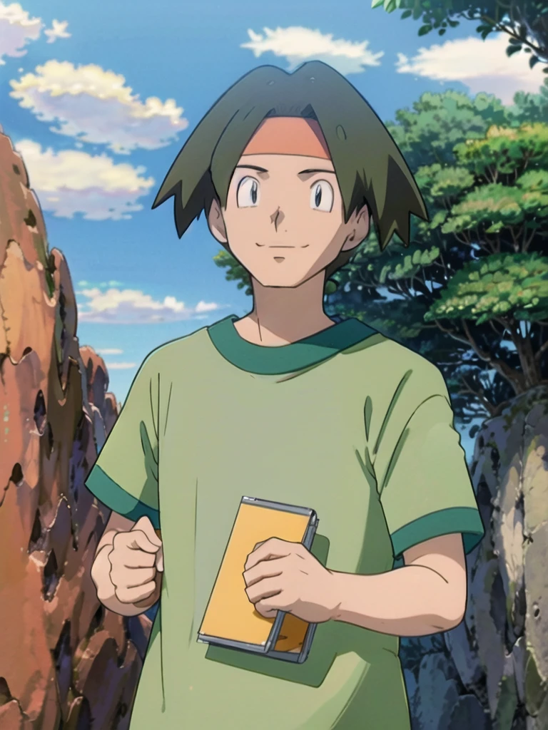 Tracey, solo, smile, shirt, 1boy, closed mouth, upper body, male focus, outdoors, sky, cloud, black eyes, green shirt, anime coloring pokemovies, sugimori ken, ken sugimori ken \(style\), masterpiece, 8k, best quality, happy, smile, anime screencap, zoom out, landscape, sea, daytime, sunlight, concept art, anime background,
