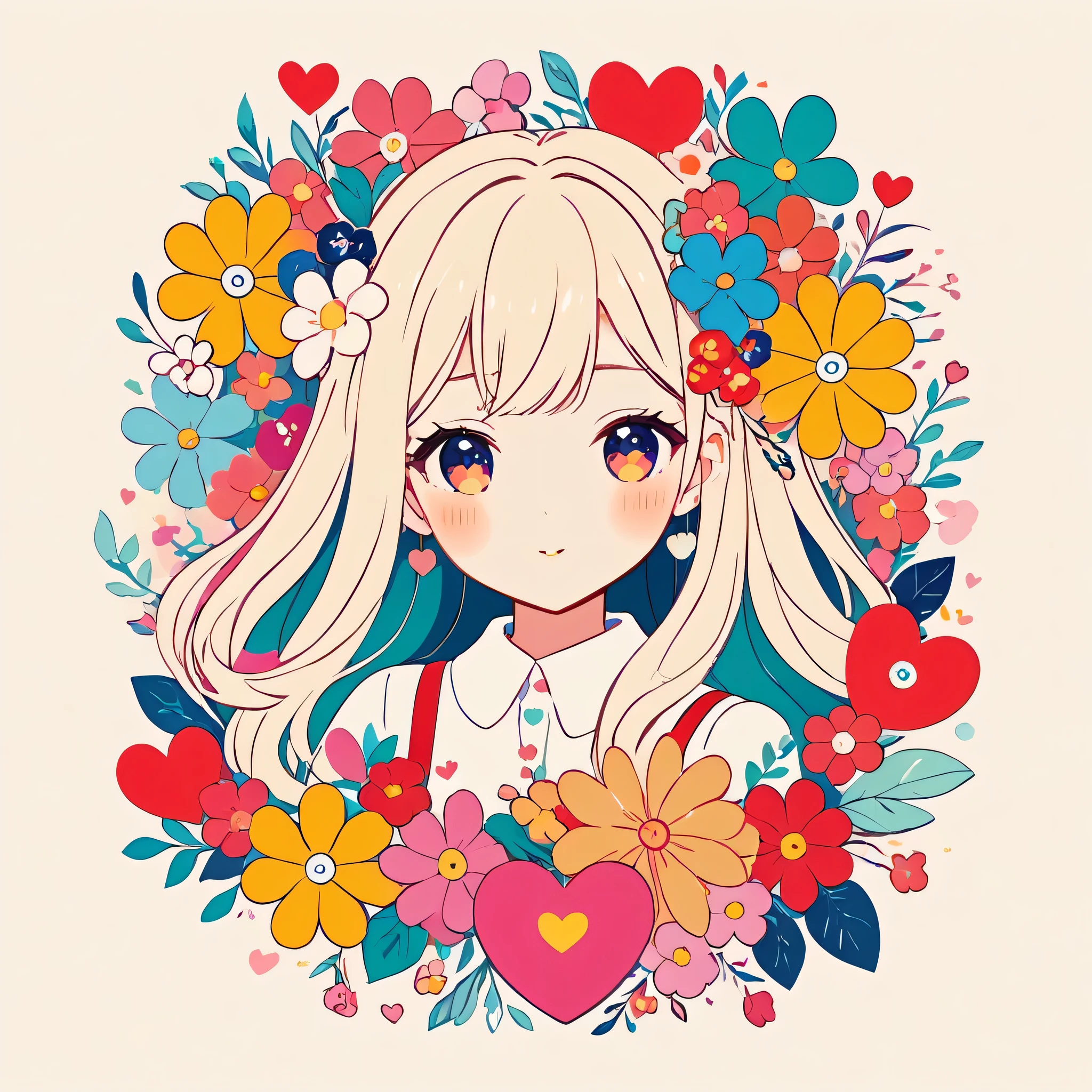 TMika Pikazo style, Simple Line Initialism,Abstract art,Kawaii Design, The most beautiful girl of all time, colorful hearts, colorful flowers,