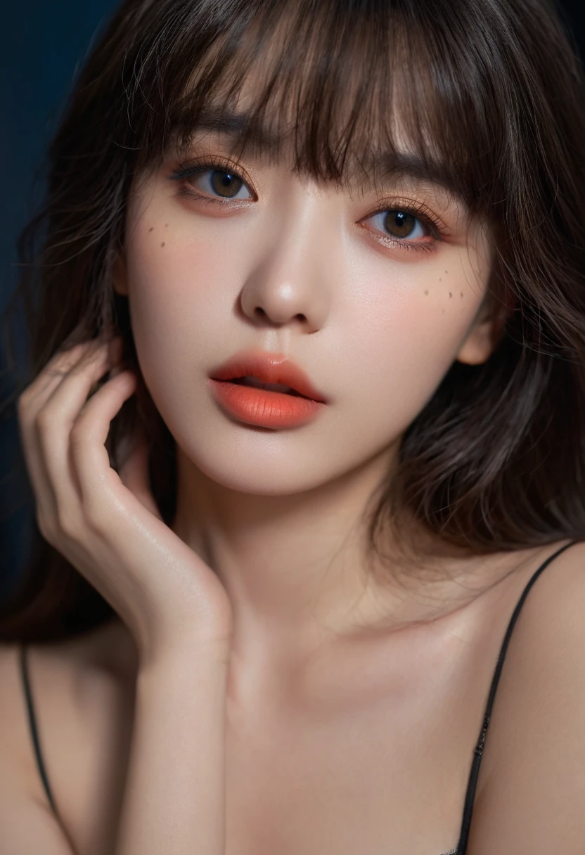 8K, best quality, 1 Girl, (Skin Indentation), night, (dark), Indoor clear background, (people), Beautiful bangs, Gorgeous,, (Clothing and:1.3),Soft lighting, attractive, dark Room, (mouth close:1.2, beautiful eyes, Delicate eyes, Detailed iris, Beautiful lips, Beautiful nose, Pretty Face),(primary color:1.5)