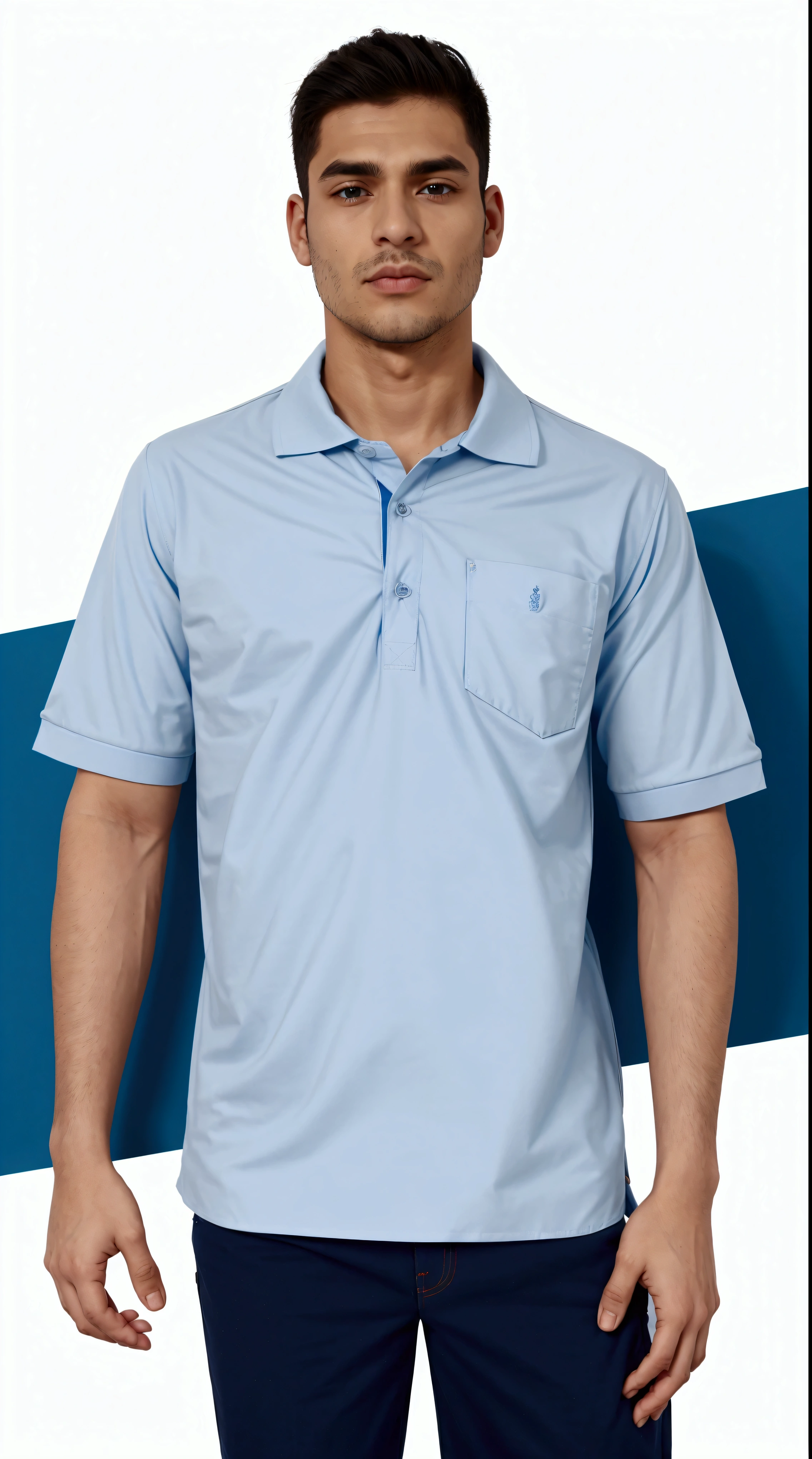 a man in a blue camisa standing with his hands in his pockets, wearing polo camisa, manga curta, wearing a light blue camisa, céu uniforme simples, Céu Claro Uniforme, tcamisa, blue camisa, céu uniforme simples at the back, céu azul, azul claro, camisa design, camisa, com dois bolsos frontais, sport t-camisa, t-camisa
