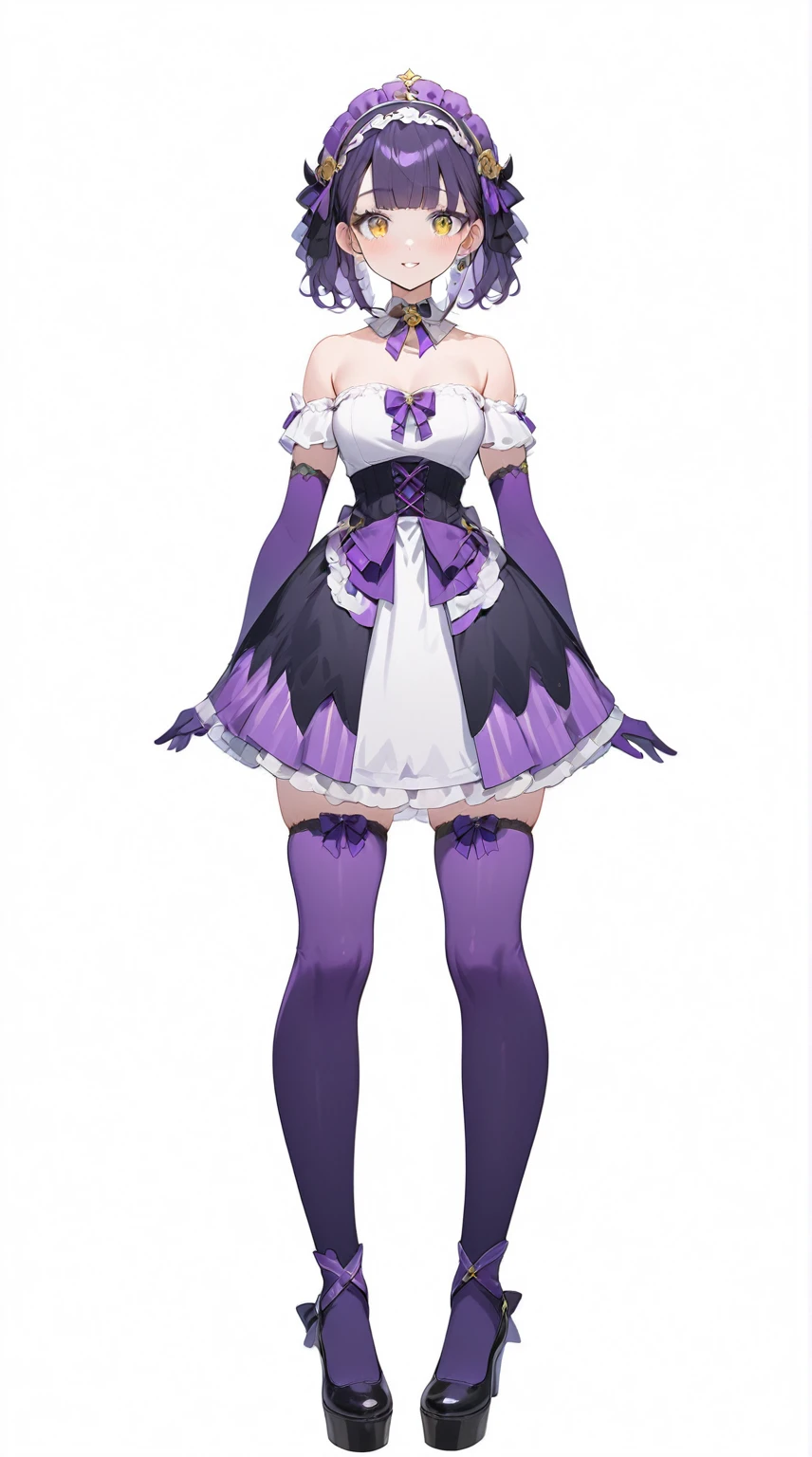 Vtuber design, 1 woman, purple clothes, purple hair, white petticoat, white top, Purple stockings, purple gloves , Golden Eyes, headdress