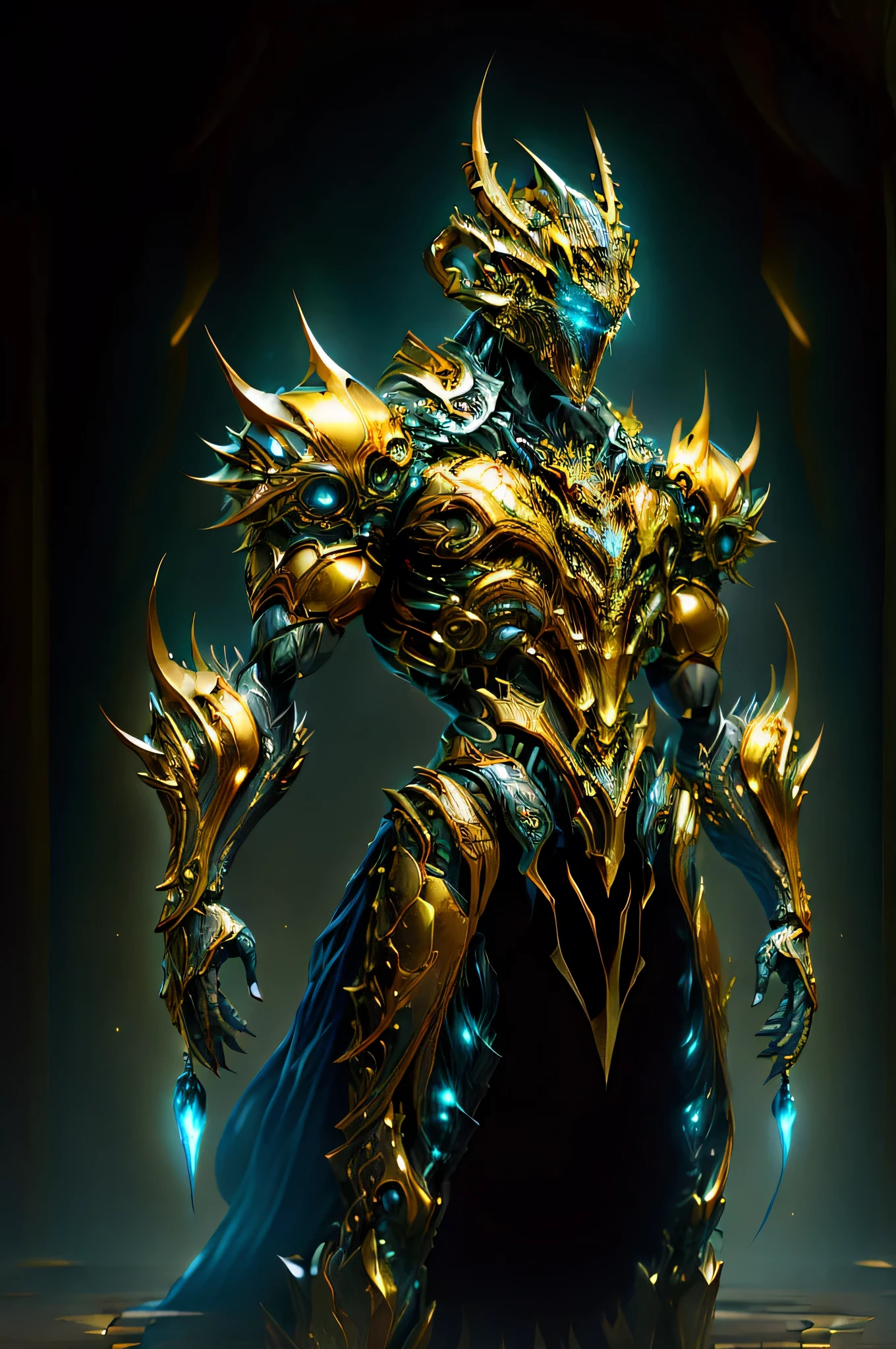 (masterpiece:1.2), best quality, high resolution, unity 8k wallpaper, (illustration:1.0), beautiful detailed, extremely detailed, perfect lighting, extremely detailed CG,glowing eyes,backlighting,armor, fake_horns, glowing, full_armor,warframe,humanoid_robot,horns, helmet,mask,sample_background,
looking at the viewer,solo,perspective, full body, dark magic, dazzling energy, voild, eyes of sky very noble, dragon concept armor, pillar of light, wearing a platinum robe, machanical hand, negative energy, sliver armor(the colour is gold), Embedded with blue gems, metallic, real texture material, prefect body proporions, golden ratio, symmetrical face, hero