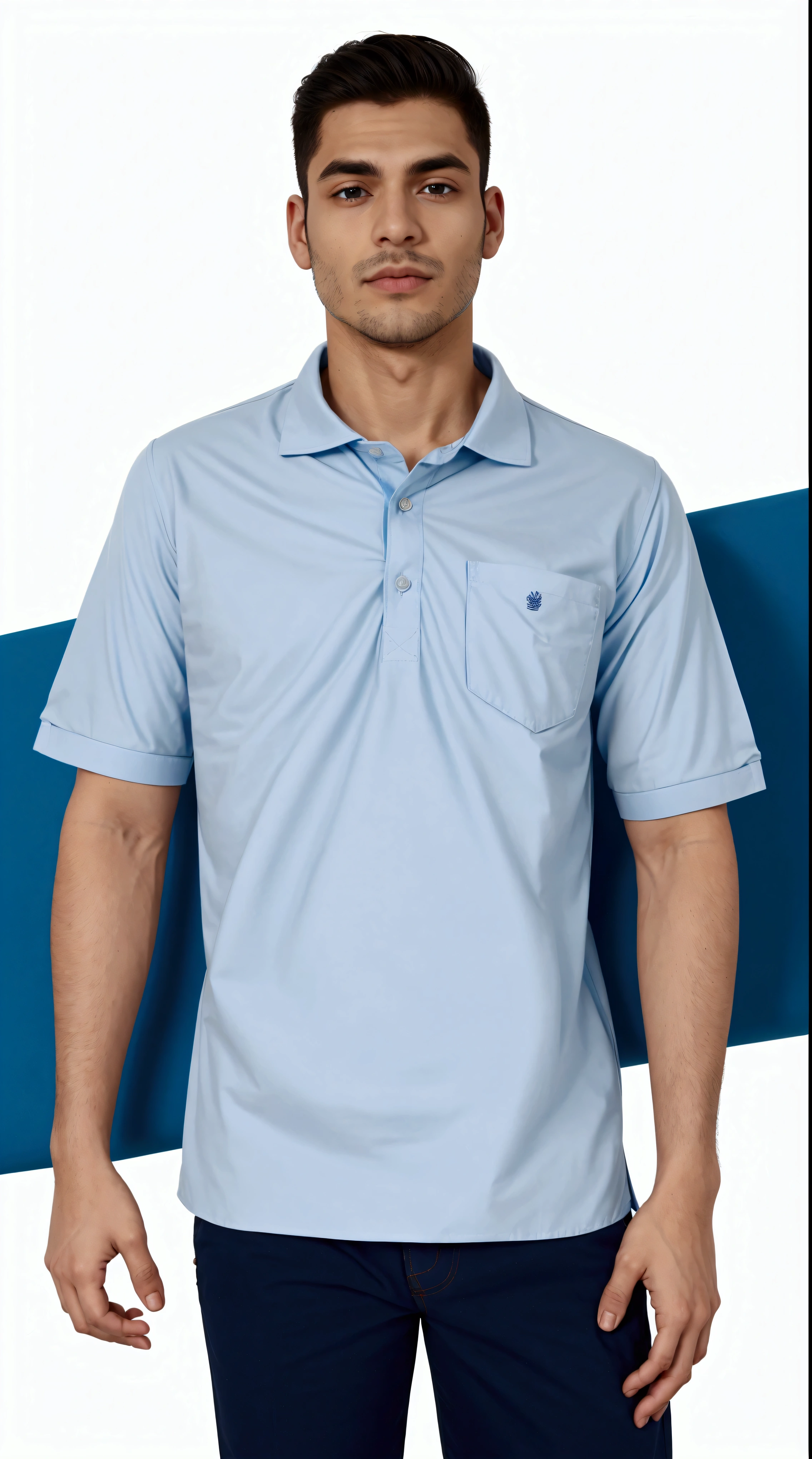 a man in a blue camisa standing with his hands in his pockets, wearing polo camisa, manga curta, wearing a light blue camisa, céu uniforme simples, Céu Claro Uniforme, tcamisa, blue camisa, céu uniforme simples at the back, céu azul, azul claro, camisa design, camisa, com dois bolsos frontais, sport t-camisa, t-camisa