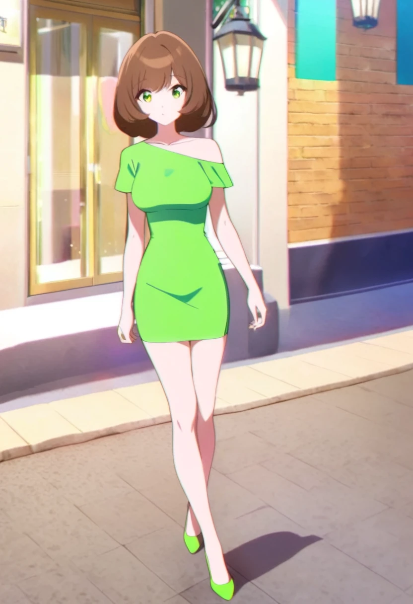 a woman in a Green Dress is walking down a sidewalk, full body Green Dress, skinTight dress, light Green Dress, Green Dress, Tight dress, wearing a neon Green Dress,  with Green Dress, sleek legs, A tall, slim and beautiful goddess, Beautiful full body shot, Long legs, Variety of colors ; Mini Dress, Dresses in neon colors, ショートMini Dress