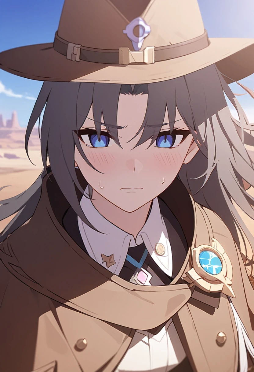 masterpiece,best quality,depth of field,8k,looking at the viewer,dark gray hair,blue eyes,light brown chaps,dark brown poncho,갈색 Ten gallon hat,brown leather jumper,chic,wseifuku,male,sky,frowning,looking around,badlands,male,(charismatic eyes 1:1),(honkai:_Star_rail\),blush,detached collar,alone