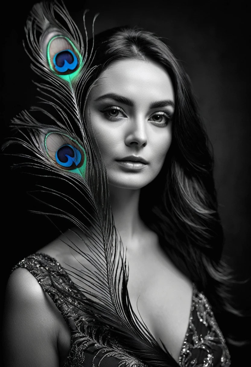 black and white, ultra clear raw photo of woman with a peacock feather, close up, dark background