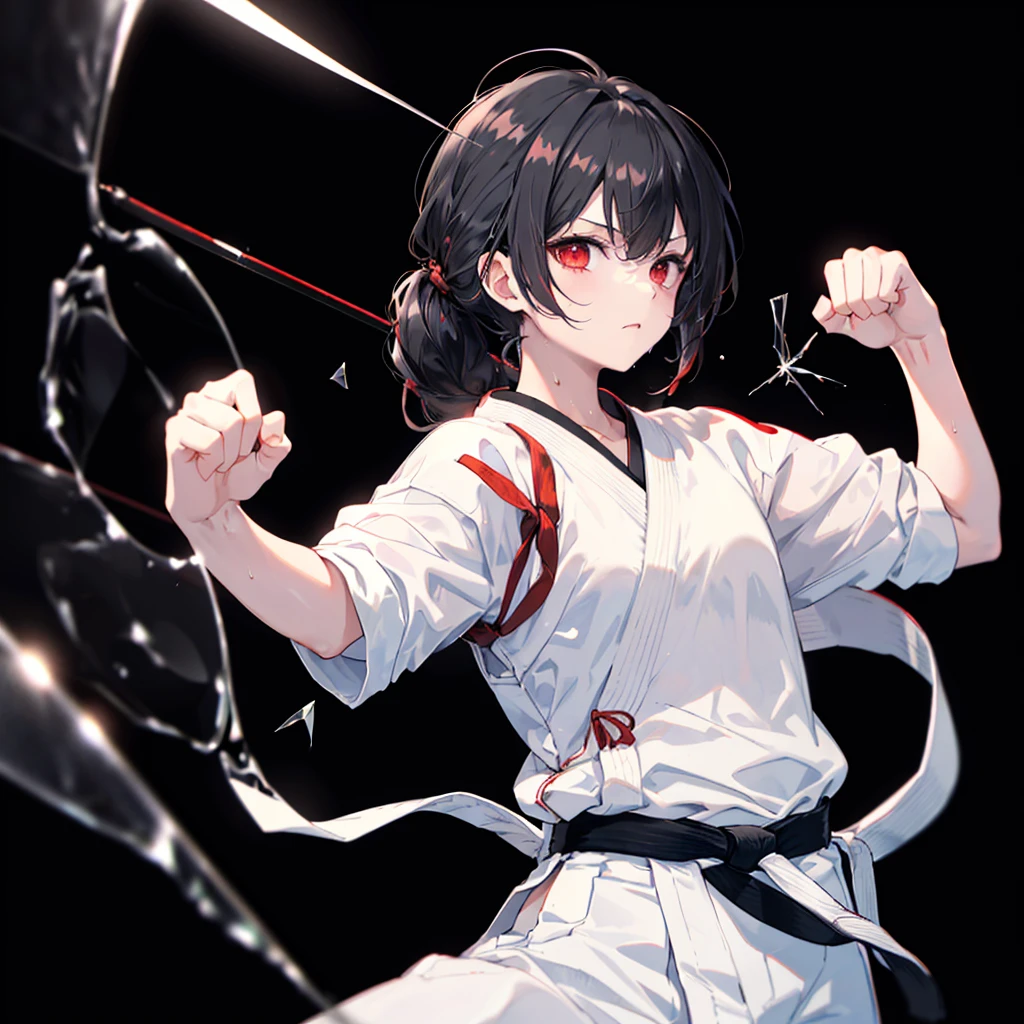 ((((Karate Black belt、Straight punch Breaking Glass)))) (((White Doshi White trousers、Sweat Bright red eyes Black Hair Long Hair Tie your hair back))) ((Black background)) Shining Edge Shining Background