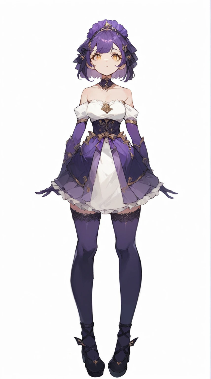 Vtuber design, 1 woman, purple clothes, purple hair, white petticoat, white top, Purple stockings, purple gloves , Golden Eyes, headdress