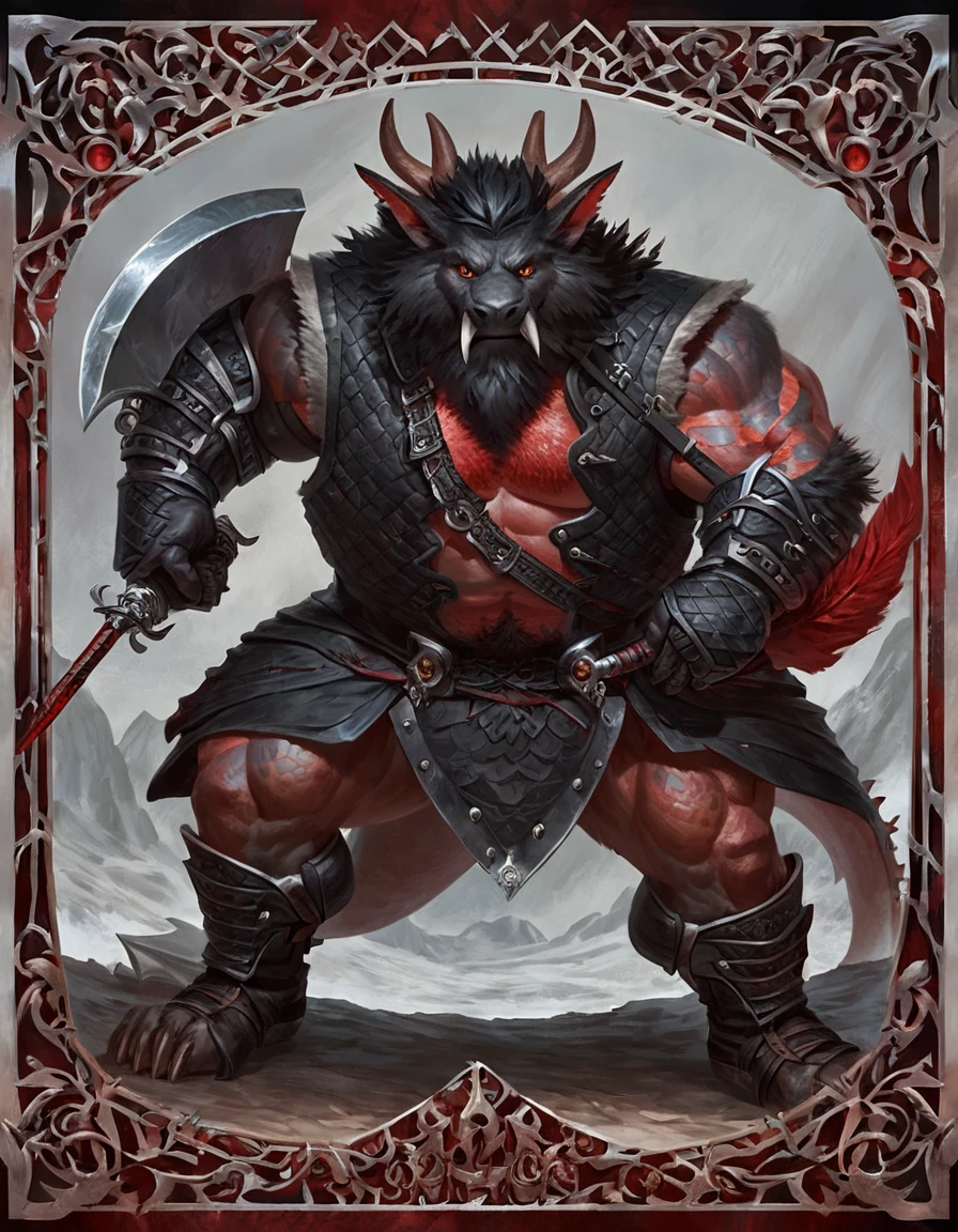 Drawn art Anthropomorphic dragon boasts a "soft beefy" physique. The "soft" aspect of his physique is achieved through a meticulous distribution of muscle and fat that creates a sense of comfort and approachability. Black scales. Black fur. Black Hair. Skin is a rich, deep black, with a subtle shimmer that hints at his hidden nobility. His eyes are a piercing shade of Imperial red, framed by thick eyebrows that arch over them in a constant state of curiosity. His attire, a black gambeson padded overcoat fabric vest with striking red salmon accents and intricate silver metal ornaments, is both functional and symbolic. The gambeson, a padded garment, is tailored to allow for a full range of motion, emphasizing his agility despite his size. The silver metal ornaments are strategically placed to protect vital areas while also enhancing his aesthetic appeal. Leox's fur is predominantly black with salmon red-colored highlights. The fur on his torso and limbs is dense yet well-managed, giving him a sleek and powerful look. His chest hair is kept at a moderate length. Large axe like fangs. Wield a slashing blade in a rapier-like's hilt. Ox guard stance pose. His predominant color is black and he got imperial red details. Anthro Artist Taran Fiddler art Style, olhos detalhados, Olhos lindos, escalas detalhadas.