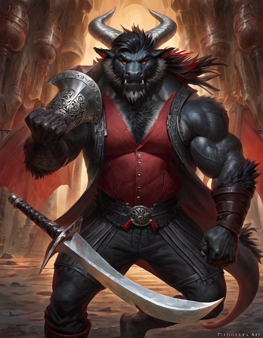 Drawn art Anthropomorphic dragon boasts a "soft beefy" physique. The "soft" aspect of his physique is achieved through a meticulous distribution of muscle and fat that creates a sense of comfort and approachability. Black scales. Black fur. Black Hair. Skin is a rich, deep black, with a subtle shimmer that hints at his hidden nobility. His eyes are a piercing shade of Imperial red, framed by thick eyebrows that arch over them in a constant state of curiosity. His attire, a black gambeson padded overcoat fabric vest with striking red salmon accents and intricate silver metal ornaments, is both functional and symbolic. The gambeson, a padded garment, is tailored to allow for a full range of motion, emphasizing his agility despite his size. The silver metal ornaments are strategically placed to protect vital areas while also enhancing his aesthetic appeal. Leox's fur is predominantly black with salmon red-colored highlights. The fur on his torso and limbs is dense yet well-managed, giving him a sleek and powerful look. His chest hair is kept at a moderate length. Large axe like fangs. Wield a slashing blade in a rapier-like's hilt. Ox guard stance pose. His predominant color is black and he got imperial red details. Anthro Artist Taran Fiddler art Style, olhos detalhados, Olhos lindos, escalas detalhadas.