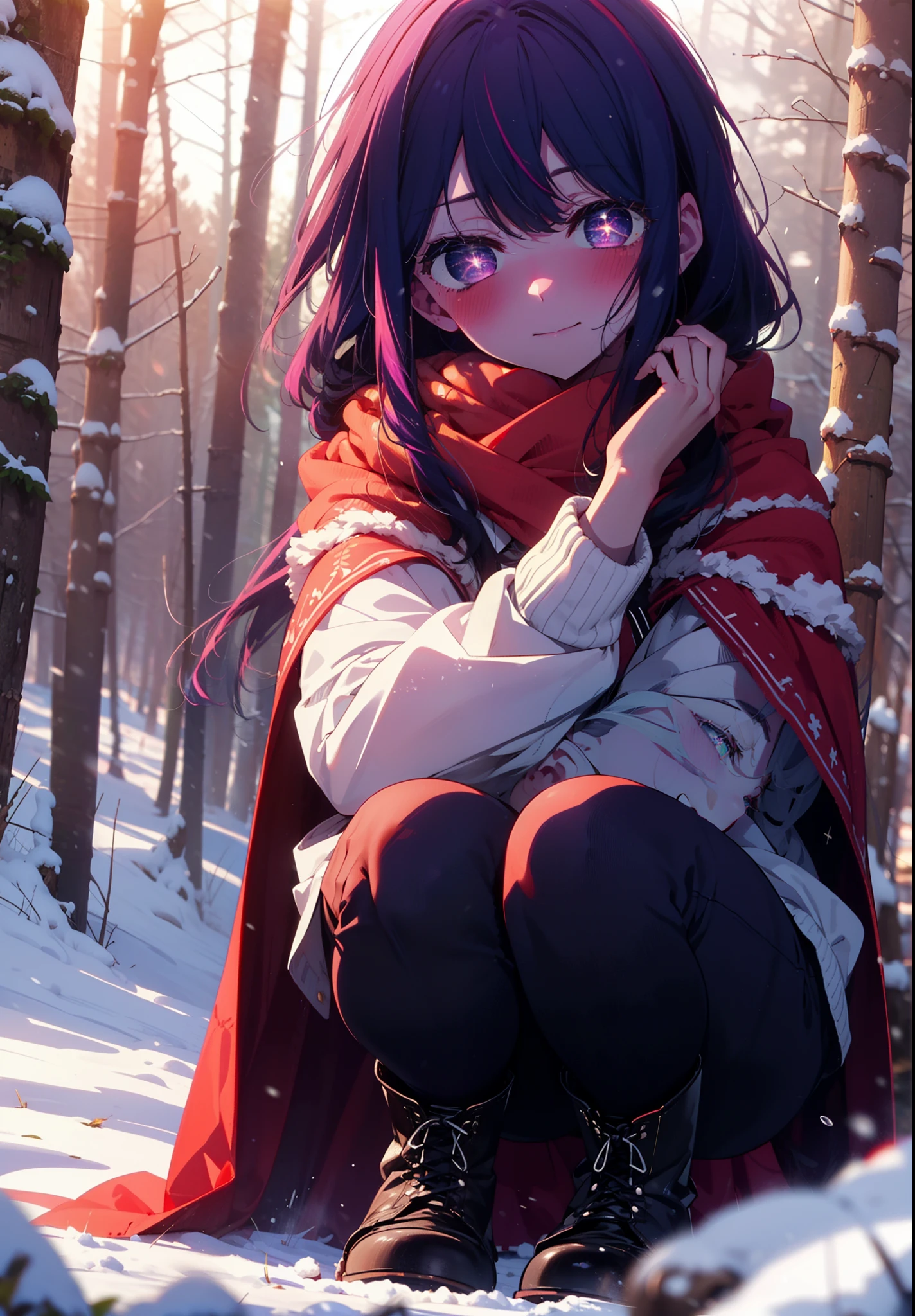 aihoshino, Ai Hoshino, Long Hair, bangs, (Purple eyes:1.1), Purple Hair, (Symbol-shaped pupil:1.5), smile,,smile,blush,white breath,
Open your mouth,snow,Ground bonfire, Outdoor, boots, snowing, From the side, wood, suitcase, Cape, Blurred, , forest, White handbag, nature, Squat, Mouth closed, Cape, winter, Written boundary depth, Black shoes, red Cape break looking at viewer, Upper Body, whole body, break Outdoor, forest, nature, break (masterpiece:1.2), Highest quality, High resolution, unity 8k wallpaper, (shape:0.8), (Beautiful and beautiful eyes:1.6), Highly detailed face, Perfect lighting, Highly detailed CG, (Perfect hands, Perfect Anatomy),