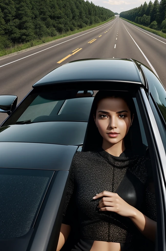 Make a 3D ai photo generate of a beautiful woman being hijacked by a black glass car in highway Road.