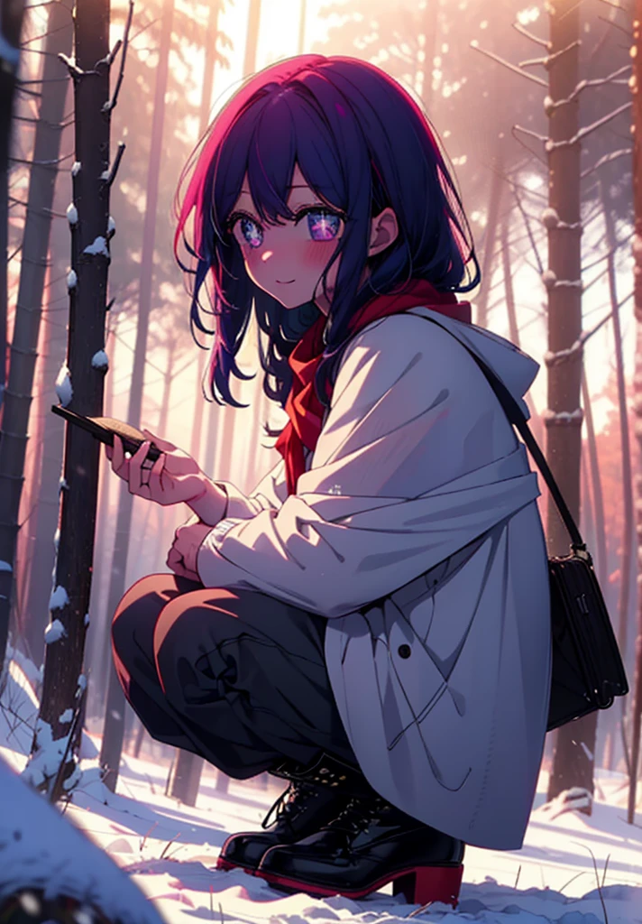 aihoshino, Ai Hoshino, Long Hair, bangs, (Purple eyes:1.1), Purple Hair, (Symbol-shaped pupil:1.5), smile,,smile,blush,white breath,
Open your mouth,snow,Ground bonfire, Outdoor, boots, snowing, From the side, wood, suitcase, Cape, Blurred, , forest, White handbag, nature,  Squat, Mouth closed, Cape, winter, Written boundary depth, Black shoes, red Cape break looking at viewer, Upper Body, whole body, break Outdoor, forest, nature, break (masterpiece:1.2), Highest quality, High resolution, unity 8k wallpaper, (shape:0.8), (Beautiful and beautiful eyes:1.6), Highly detailed face, Perfect lighting, Highly detailed CG, (Perfect hands, Perfect Anatomy),