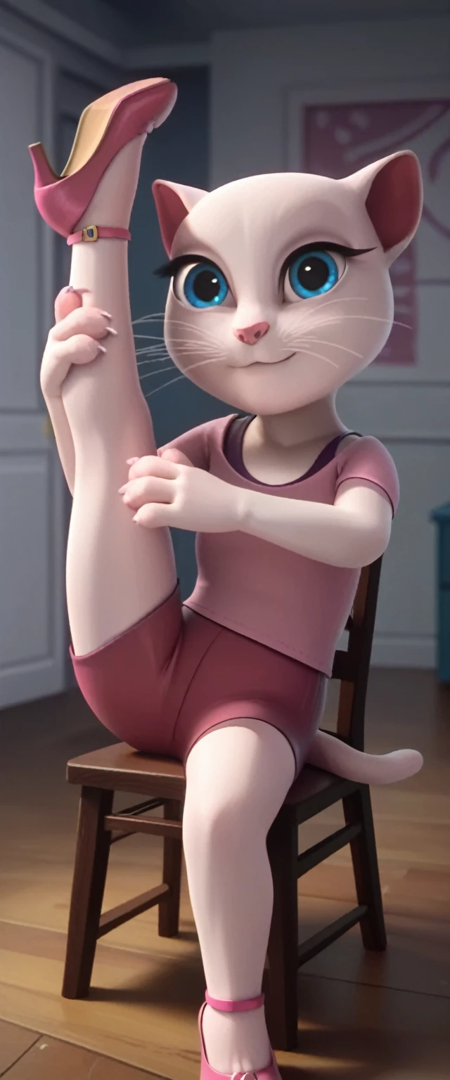1 girl, cat, white fur, long whiskers on both sides of the face, large bright blue eyes, large black eyelashes, small pink nose, triangular ears with pink channels.     There are high heels.  front view woman with legs up, holding own legs, twin tails, sitting on chair own hands holding legs, folded, flexible, legs up, cat tail turned inward