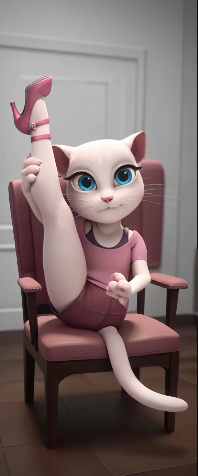 1 girl, cat, white fur, long whiskers on both sides of the face, large bright blue eyes, large black eyelashes, small pink nose, triangular ears with pink channels. There are high heels. front view woman with legs up, holding own legs, twin tails, sitting on chair own hands holding legs, folded, flexible, legs up, cat tail turned inward