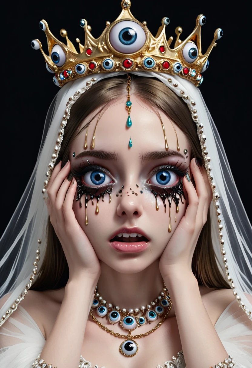 Grotesque Aesthetics：Girl with extra eyes，Tears，There are many eyeballs growing on the skin of the face，Eyeball Necklace，Eyeball Crown，Realistic eyeballs，teeth，Distorted face， Solitary，black background，crown，veil，Hands touch your face，3D eye bead necklace，
