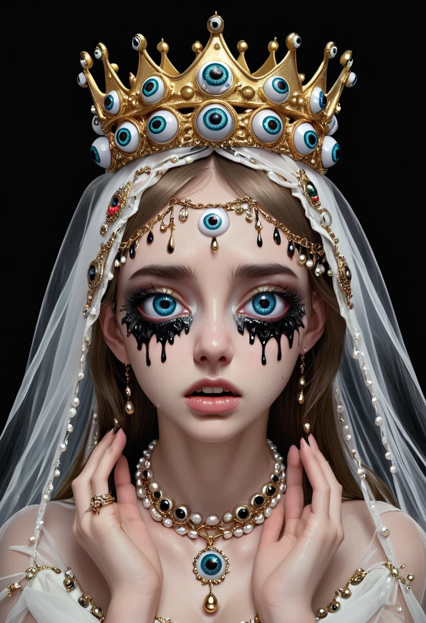 Grotesque Aesthetics：Girl with extra eyes，Tears，There are many eyeballs growing on the skin of the face，Eyeball Necklace，Eyeball Crown，Realistic eyeballs，teeth，Distorted face， Solitary，black background，crown，veil，Hands touch your face，3D eye bead necklace，
