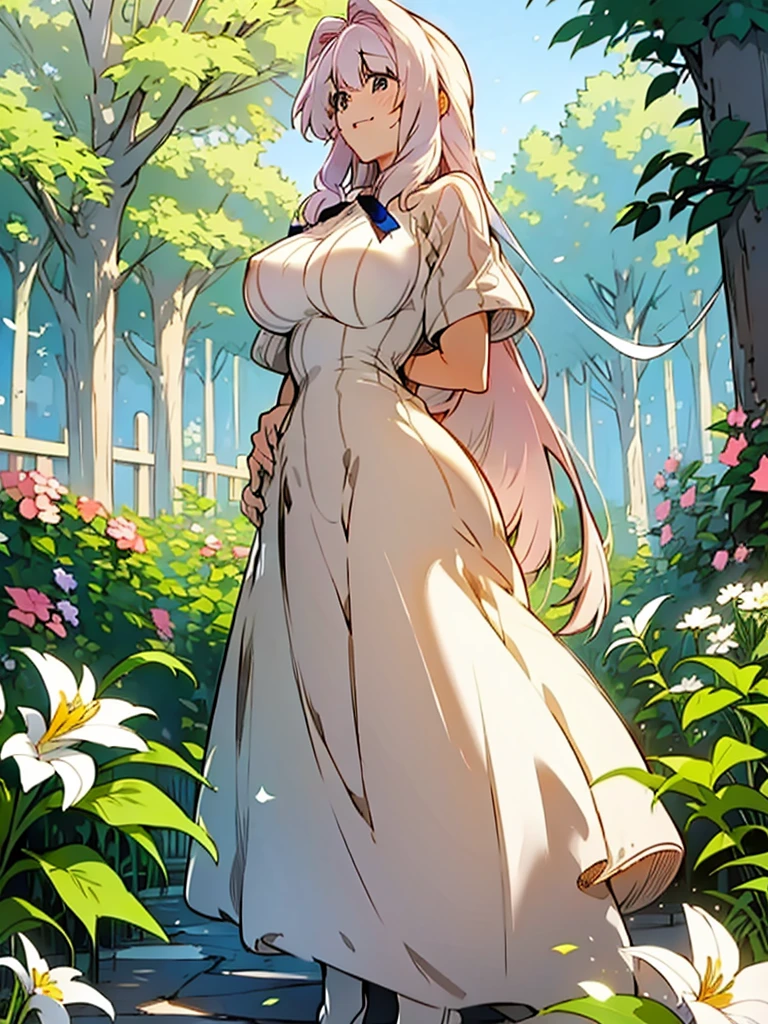 a pretty woman, dressed in white revealing dress, big breasts, standing, garden, ribbon, flower