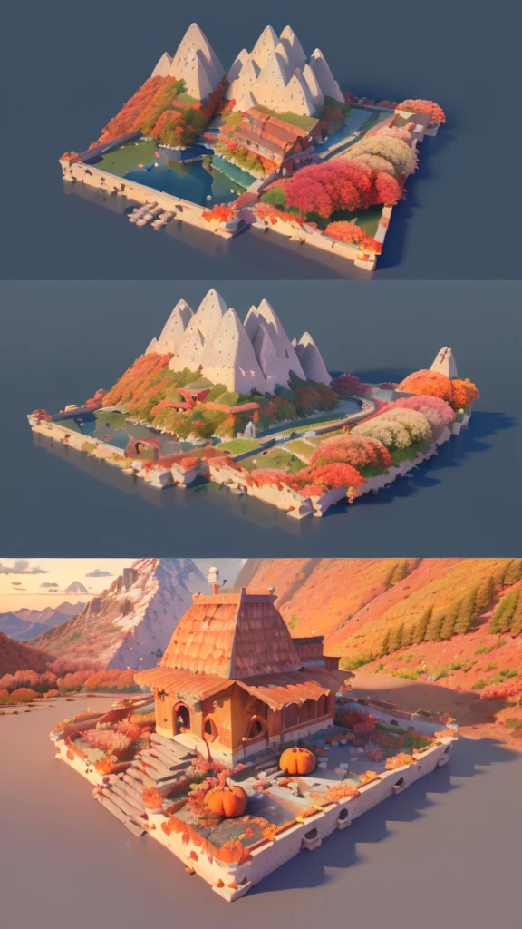 (Isometric Art:1.5),The art of math,Dreamlike scenery,(Mountains、Fall:1.6),Around the mountain road,Ancient bridge,pavilion,river,Small boat,small village,(high quality,Masterpiece,Octane Rendering,Ray Tracing,Extremely detailed,3d,8k:1.5)