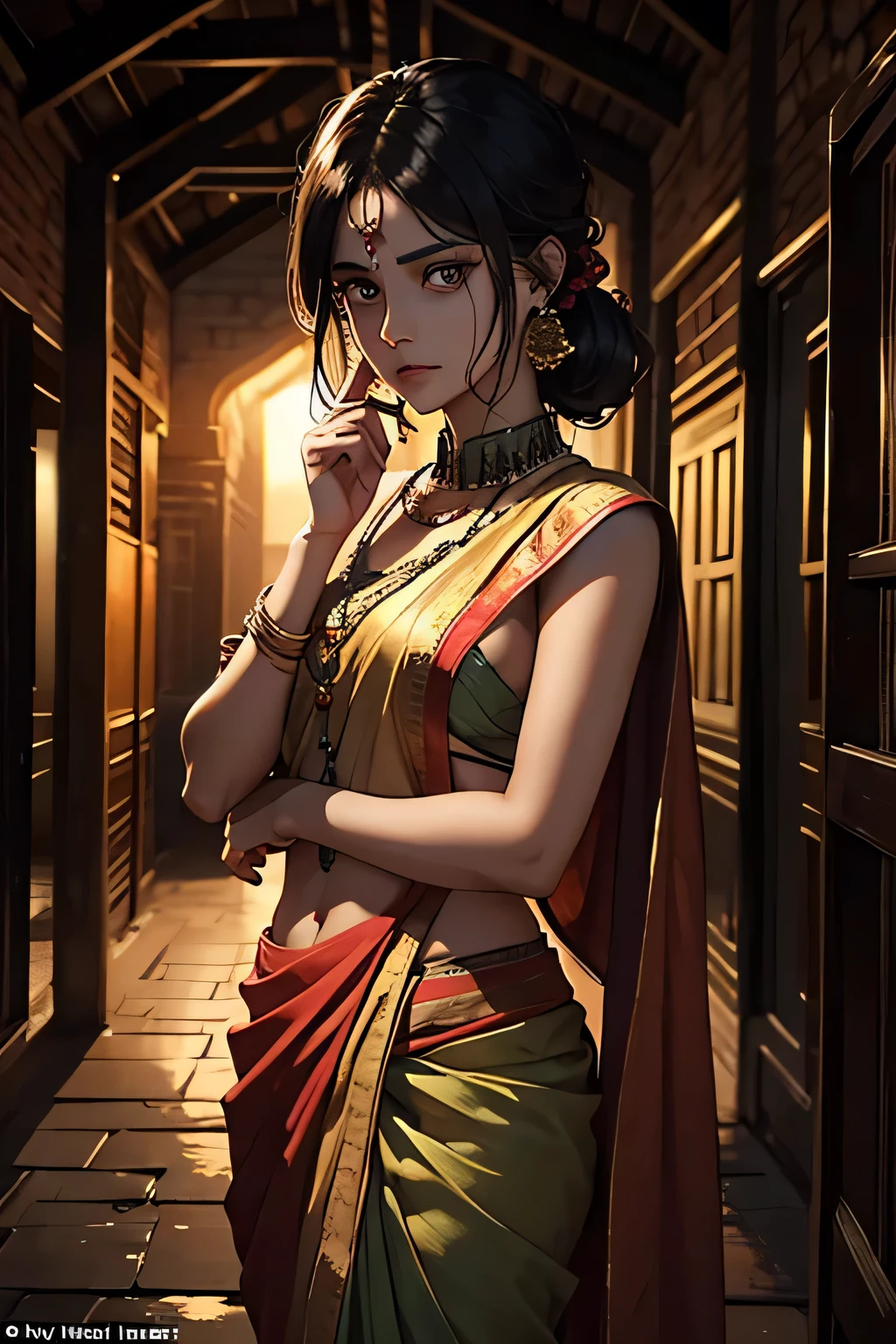One [night], a [ indian young man], with [full clothes on], in [indian attire], amidst [scary], [thriller], [horror] background, decided to uncover the truth As he ventured into the[castle] he felt a [cold breeze] and heard the soft whisper of the [Chudail] ""Suddenly, [Chudail] with [long nails], [broken teeth], [indian saree],[ornaments],[big eyes with blood], appeared, her [eyes] glowing with a mix of rage and sorrow 'Why have you come here?' she whispered, her voice like the [rustling of dry leaves] "