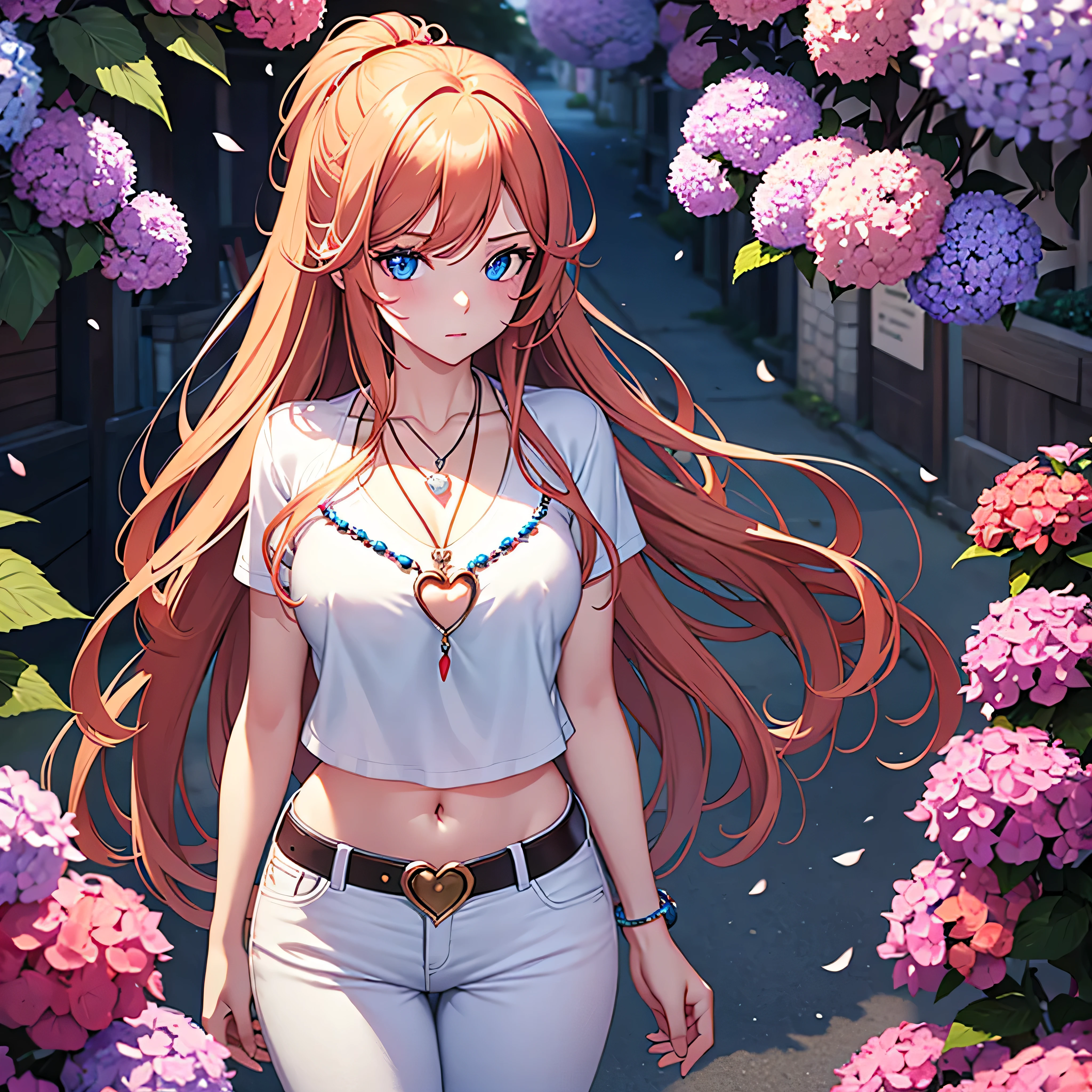 4K, June Scenario, Beautiful woman, long hair, chestnut hair, medium breasts, blue colored eyes, white  shirt, hot pants, neon red heart necklace, gazing at viewer, natta, colorful hydrangea
